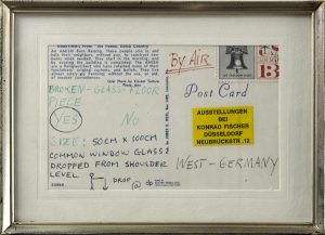 Broken-Glass-Floor Piece, 1968, Zertifikat in Form einer Postkarte mit Briefmarke und Aufkleber