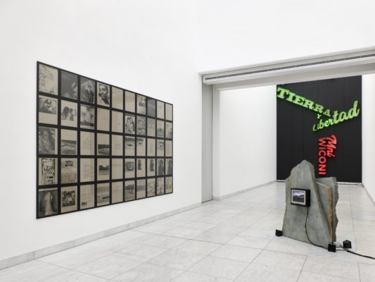 (left) Battlefields, Gardens and Graveyards (Sentimental Scrapbook displayed) 2002, 50 framed photocopies on paper; (right) After You've Gone 2002/2020 stone, screens, speakers; After you've gone & After you've gone (Bessie) 2002, videos. Photo: Achim Kukulies