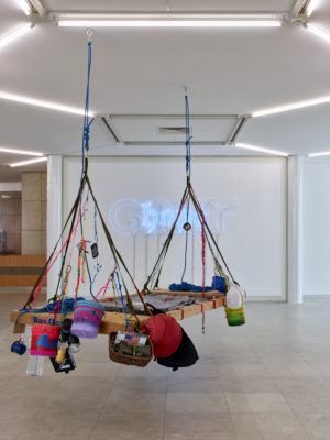 (front) Tree Sits - Canopy Camping, Earth First! Direct Action Manual with Dream Platform 2011, recycled wood, rope, carabiner, various equipment and supplies; Charlotte Feng Ford Collection. Photo: Achim Kukulies